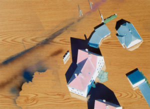 Felix Malnig, Überschwemmung, Collage, Öl, Lackspray auf Holz, 46 cm x 64 cm, 2015; (inkl. Rahmen)